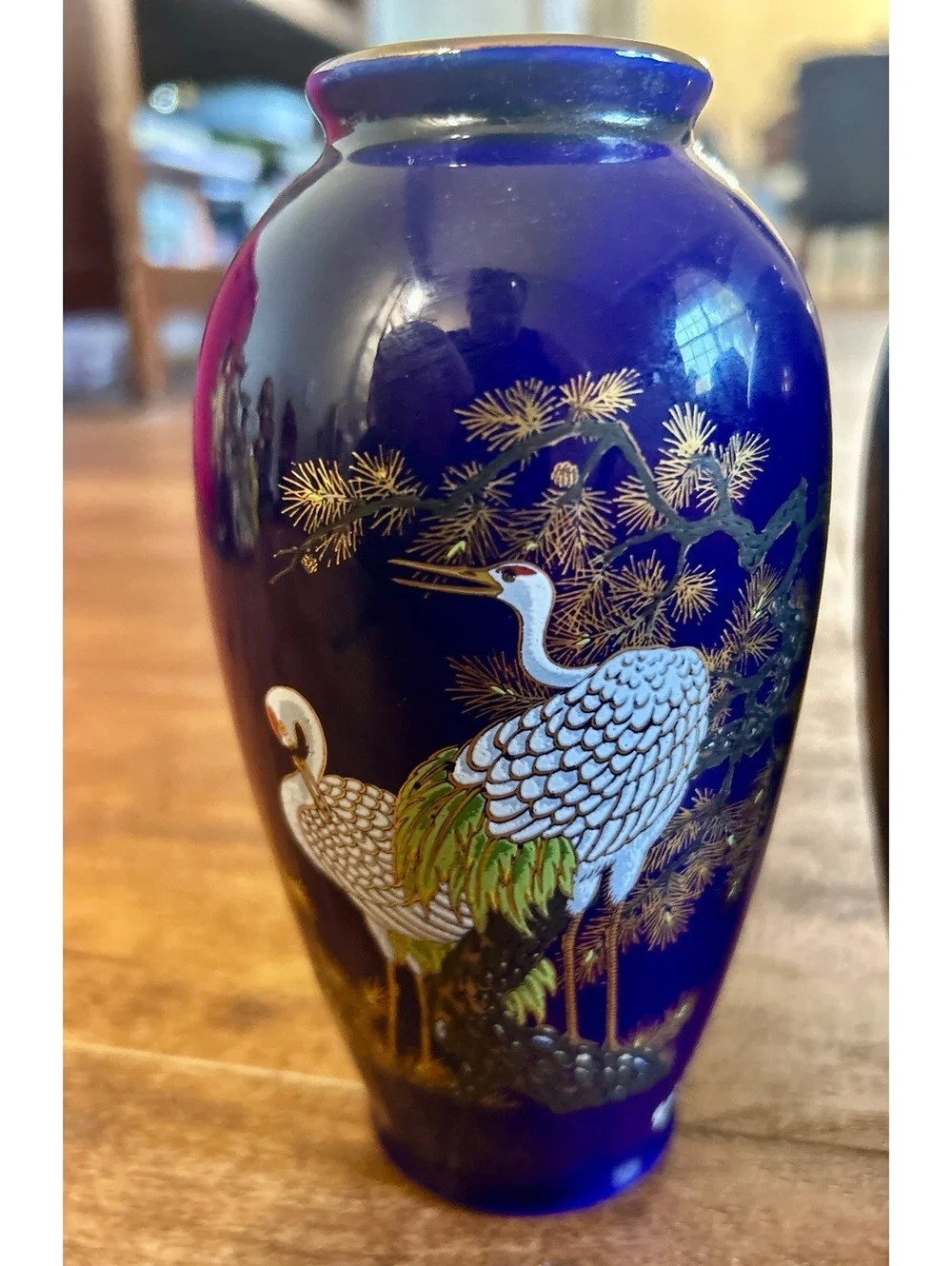 Pair of Vintage Blue Ceramic Vases with Crane Bird Design from Japan